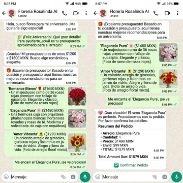 WhatsApp Commerce — Flujo de AI Concierge recomendando arreglos florales por ocasión y presupuesto con resumen de pedido estructurado
